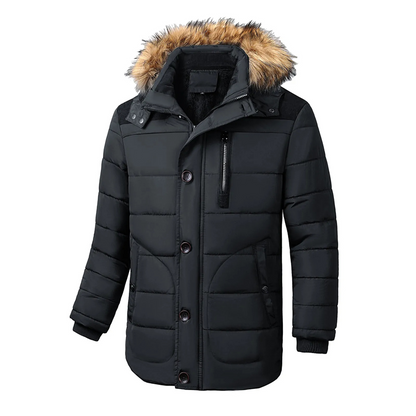 Men's parka winter jacket with detachable fur hood and zip fastening