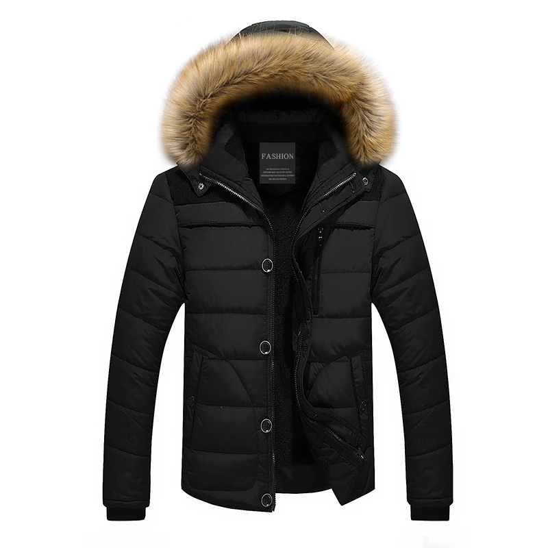 Men's parka winter jacket with detachable hood and button fastening