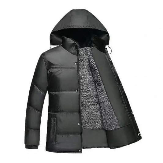 Men's puffer jacket with hood and warming lining