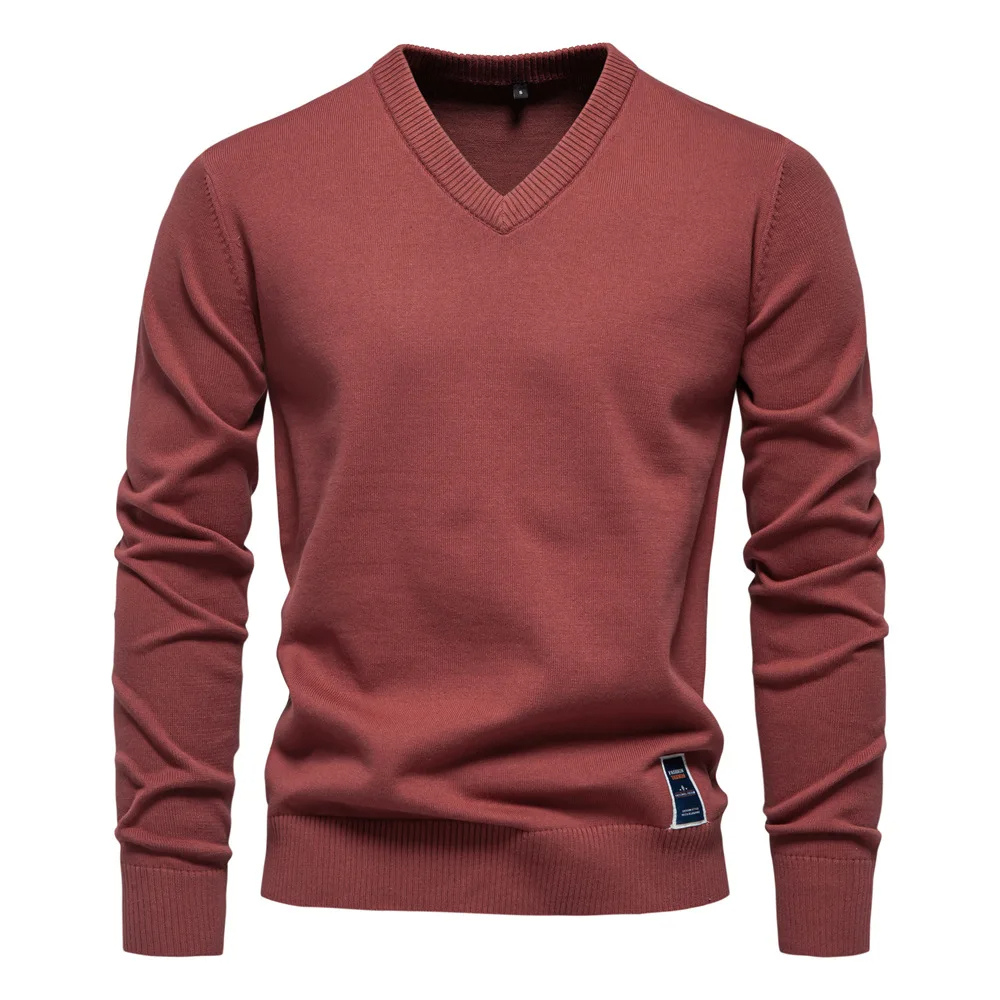 Classic V-neck men's sweater with subtle label detail