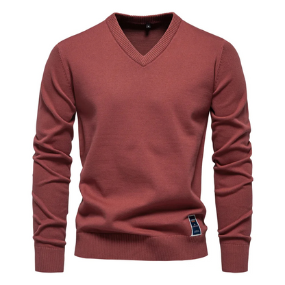 Classic V-neck men's sweater with subtle label detail