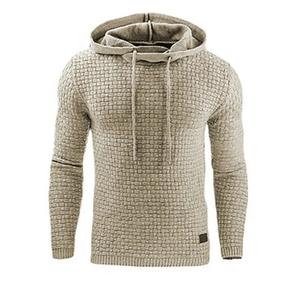 Men's sweater with hood, structured knitted jumper with drawstring