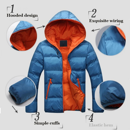 Men's puffer jacket with hood and contrast lining