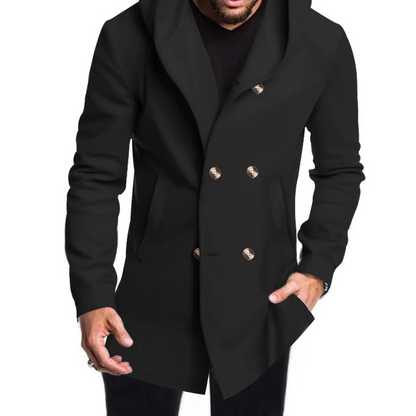 Modern men's coat - Double-buttoned coat with hood