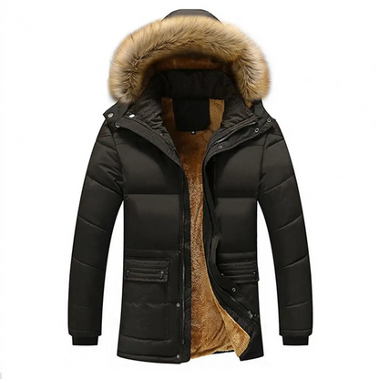 Men's puffer jacket with fur hood and warm lining