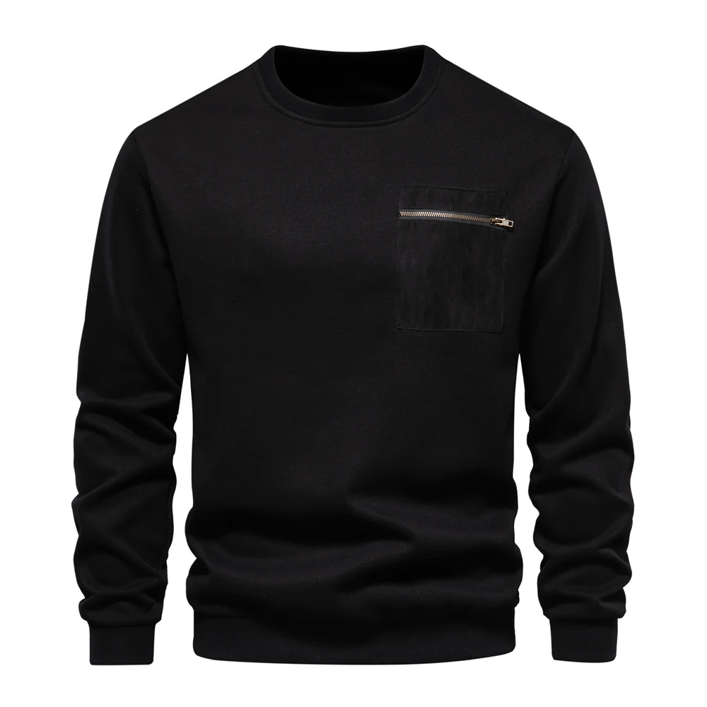 Men's sweater with zip pocket, round neck Casual pullover