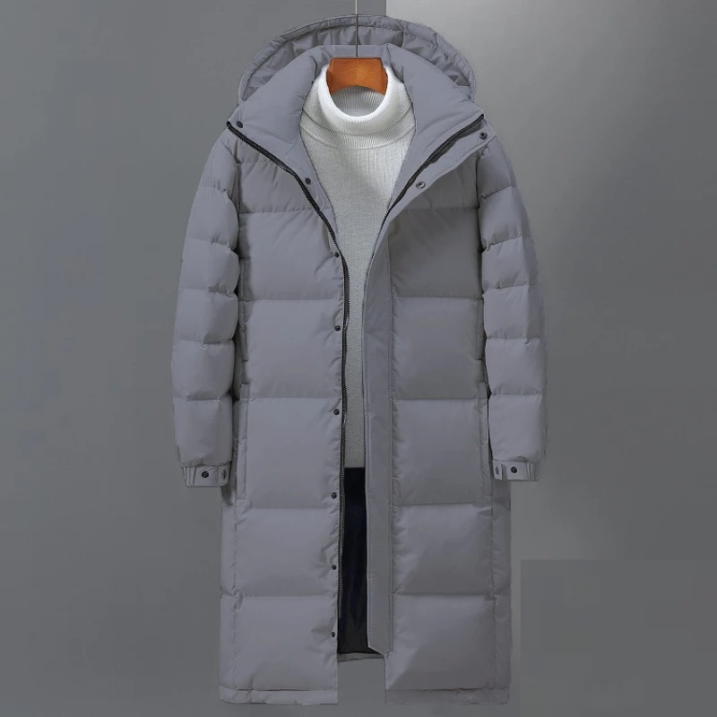 Men's long puffer jacket with insulated hood and full-length zip