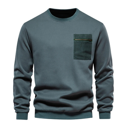 Men's sweater, round neck casual jumper with zip pocket