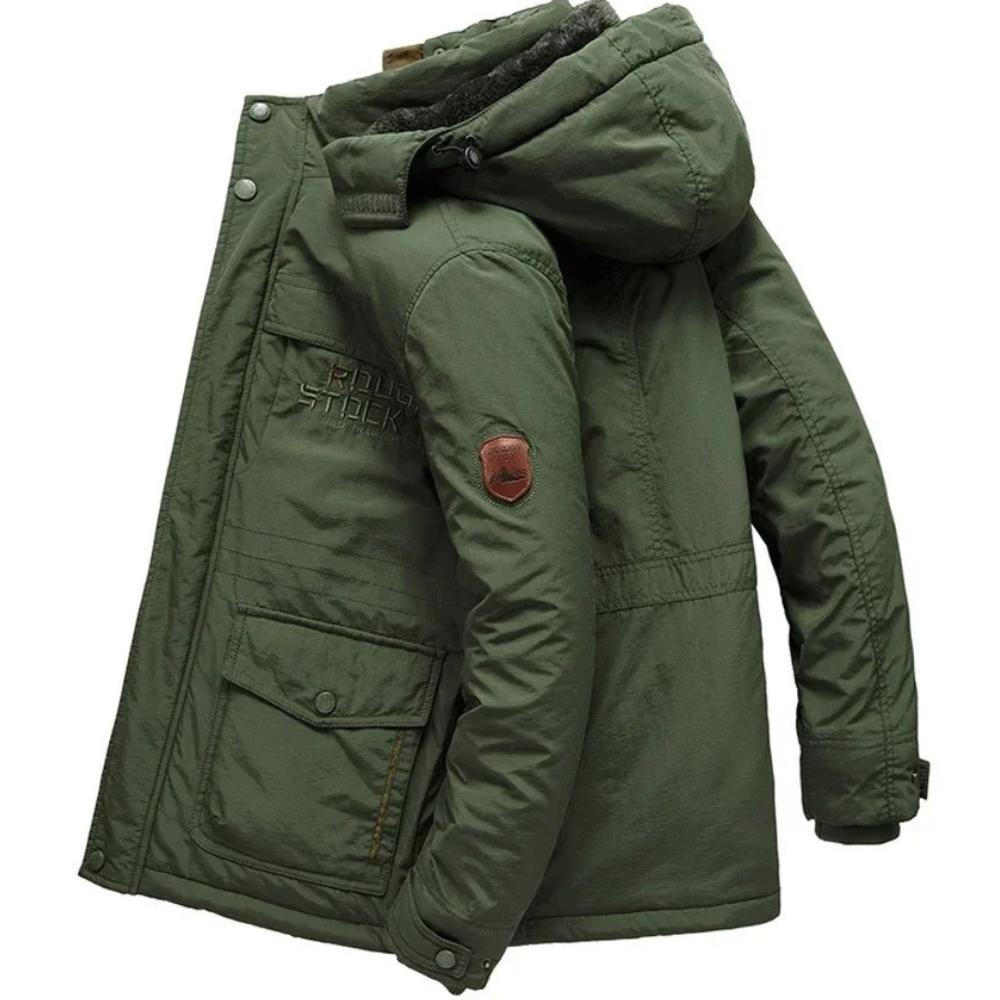 Robust parka jacket for men with detachable hood and pockets