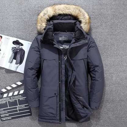 Men's parka winter jacket with fur hood and thick padding