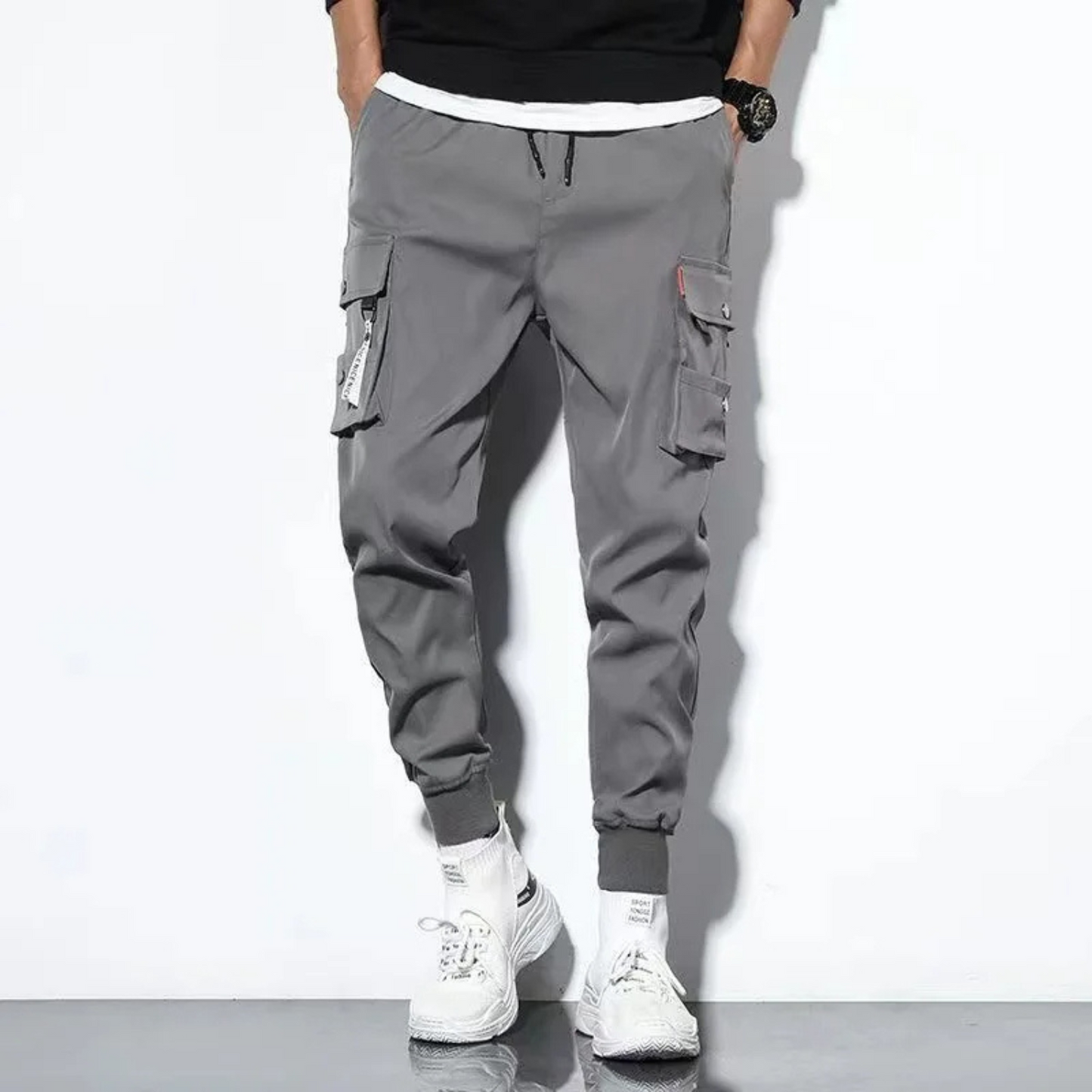 Solid colour multi flap pocket cargo pants men