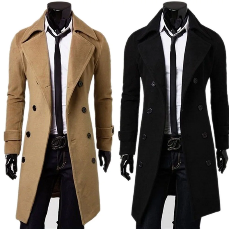 Stylish men's coat - Long double-breasted coat with slim fit