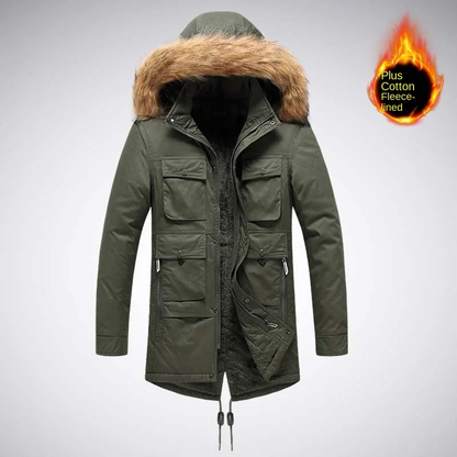 Men's parka winter jacket with fur hood and fleece lining