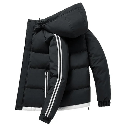 Men's puffer jacket with hood and contrasting stripes