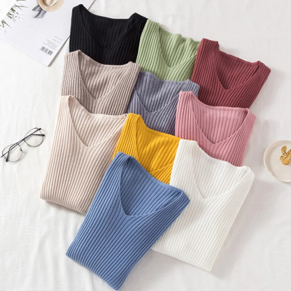 Slim-Fit Ribbed V-Neck Pullover For A Chic Look - Women's Sweater