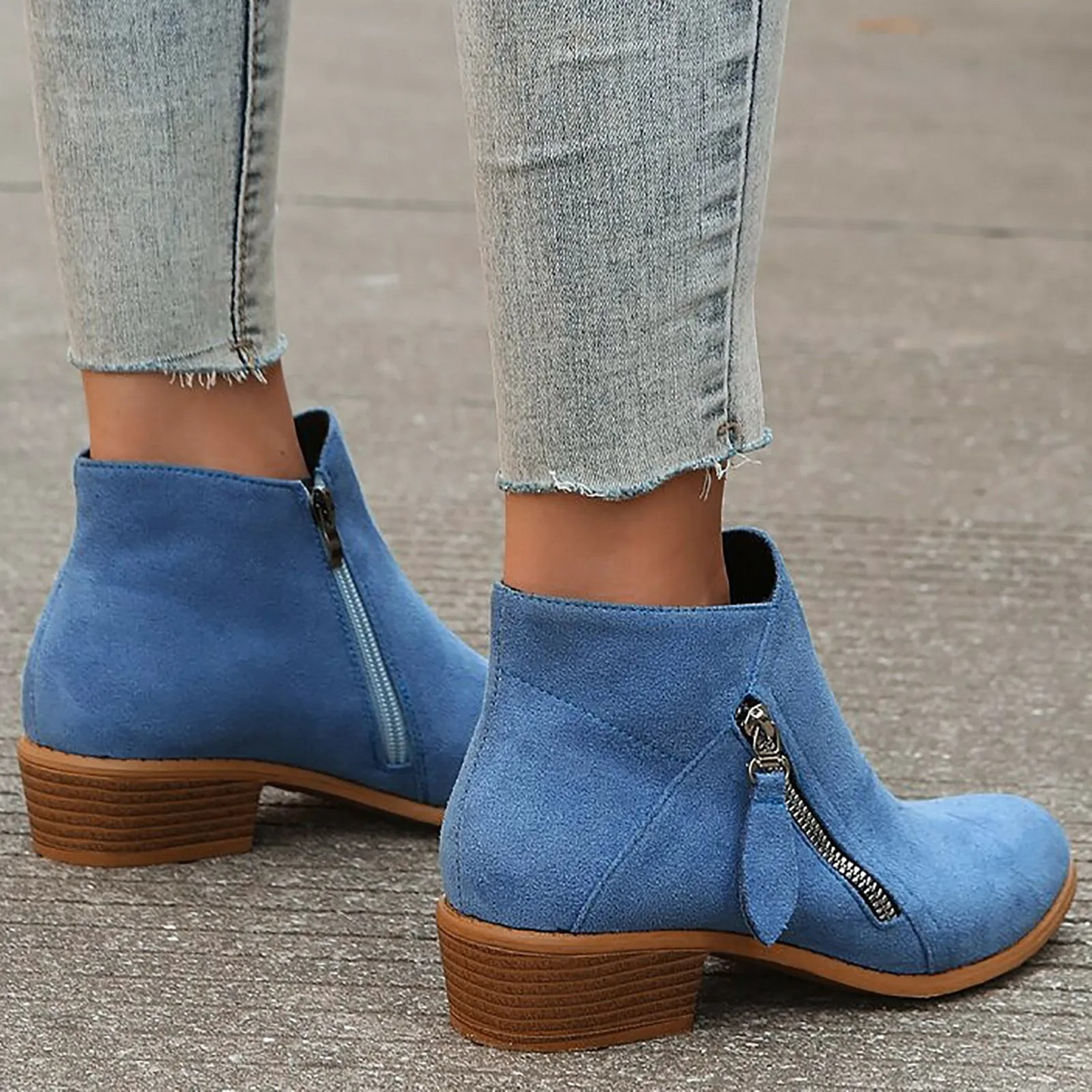 Women's Suede Ankle Boots with Zipper and Low Heel - Women's Ankle Boots