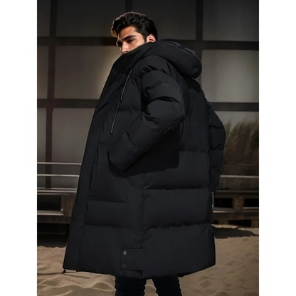 Men's long puffer jacket with adjustable hood and zip