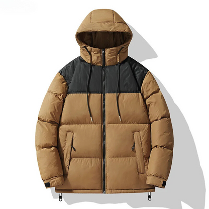 Men's puffer jacket with large hood and zip pockets