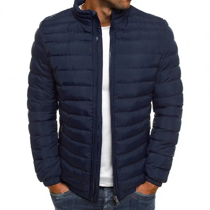 Men's puffer jacket with stand-up collar and front zip