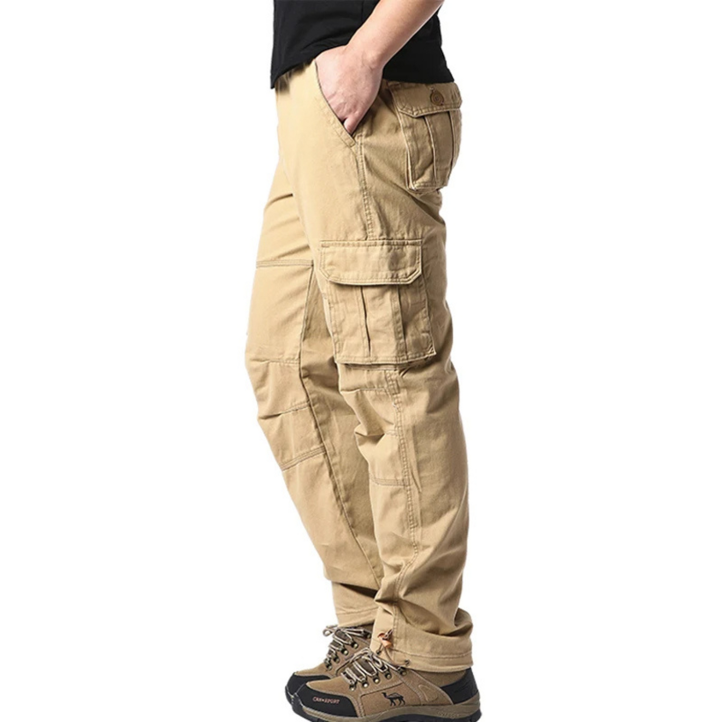 Elasticated waist large pocket cotton cargo trousers mens