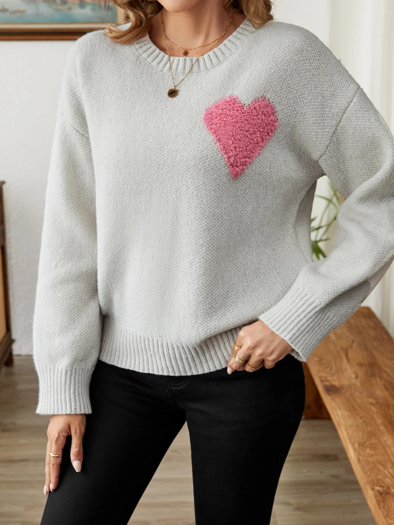 Warm Sweater With Heart Design - Women's Sweater