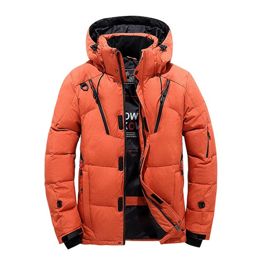 Men's puffer jacket with hood and many pockets