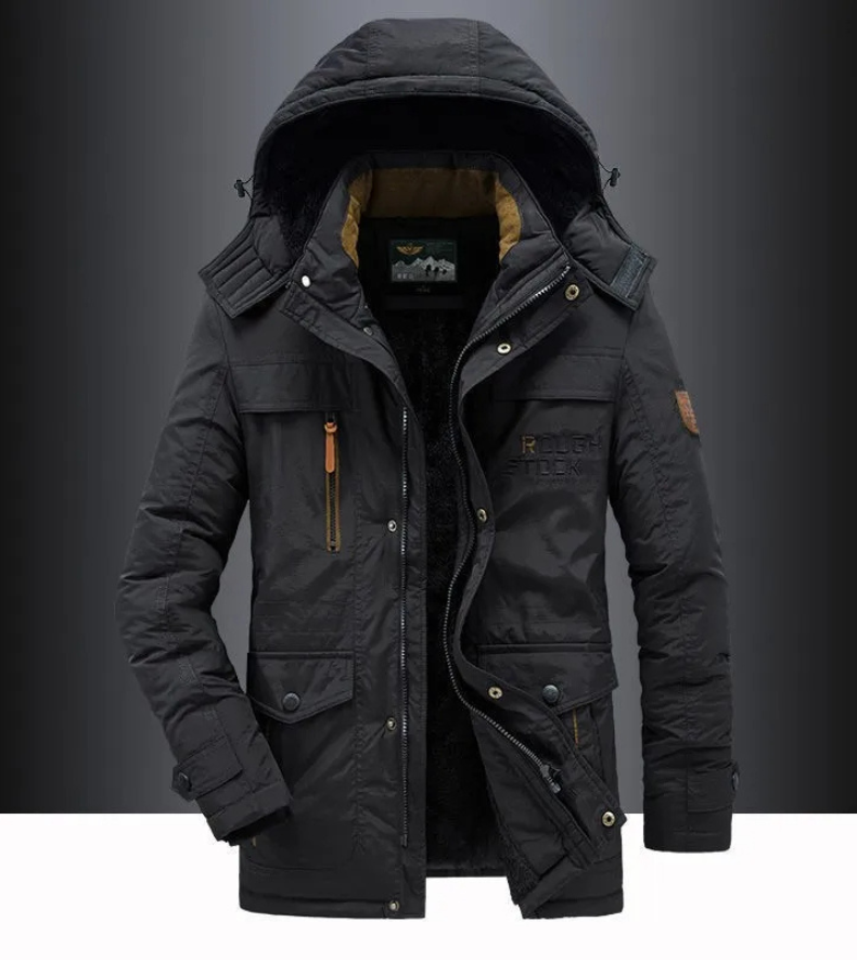 Men's parka winter jacket with fur hood and many pockets