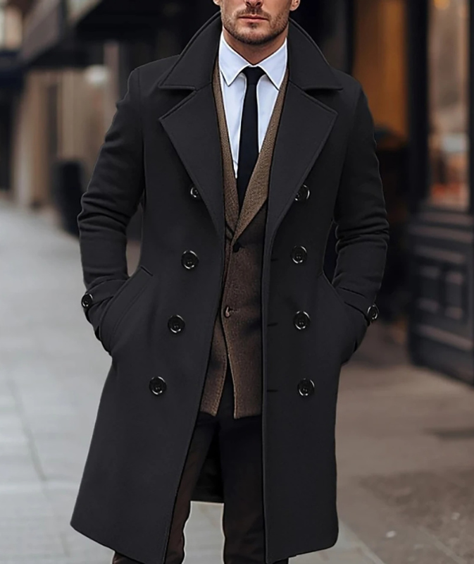 Elegant men's coat - Double-breasted winter coat with wide lapels