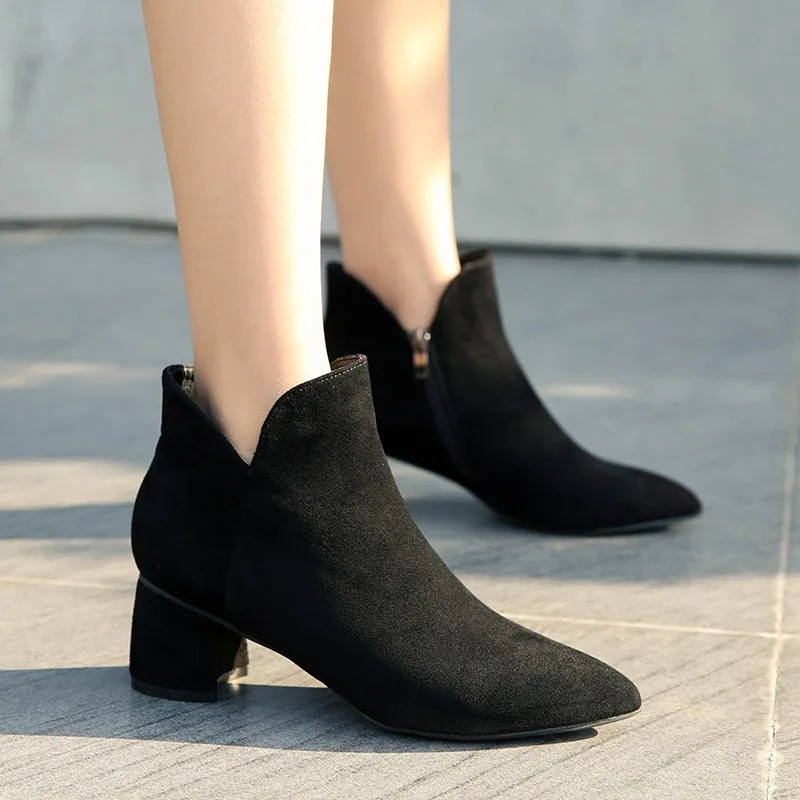 Pointed Ankle Boots with Block Heel - Women's Ankle Boots