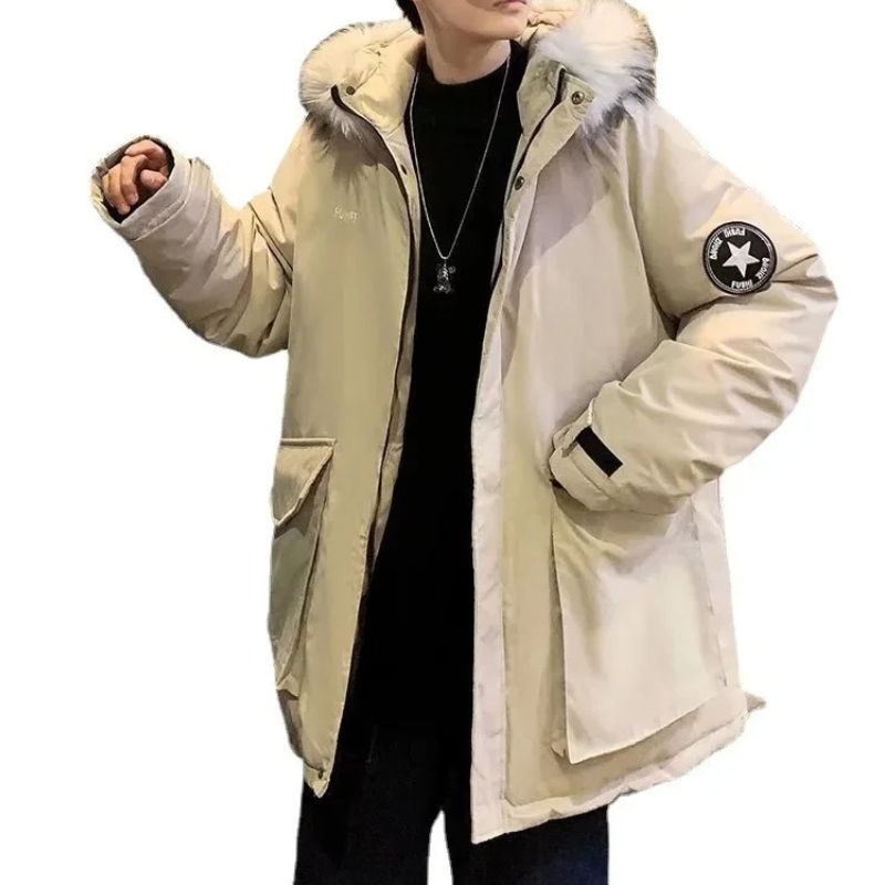 Mens winterproof parka jacket with detachable faux fur collar