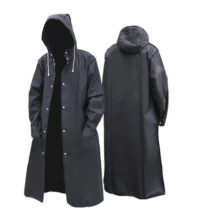 Men's long waterproof mackintosh with hood and press studs