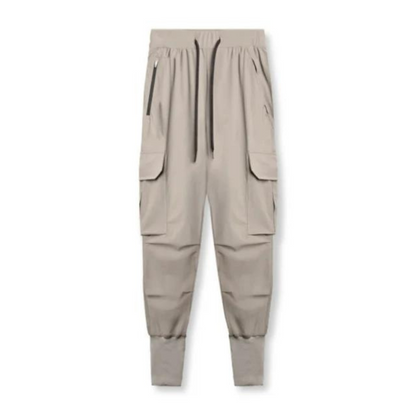 Beige colour straight fit multiple pocket cargo trousers mens