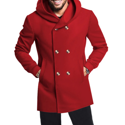 Modern men's coat - Double-buttoned coat with hood