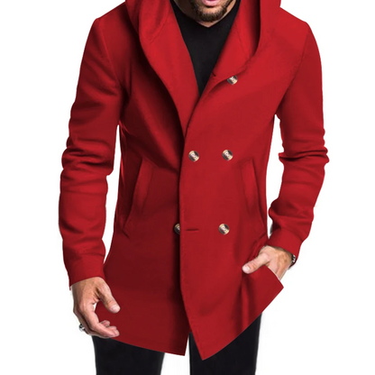 Modern men's coat - Double-buttoned coat with hood