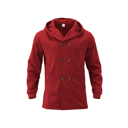 Modern men's coat - Double-buttoned coat with hood