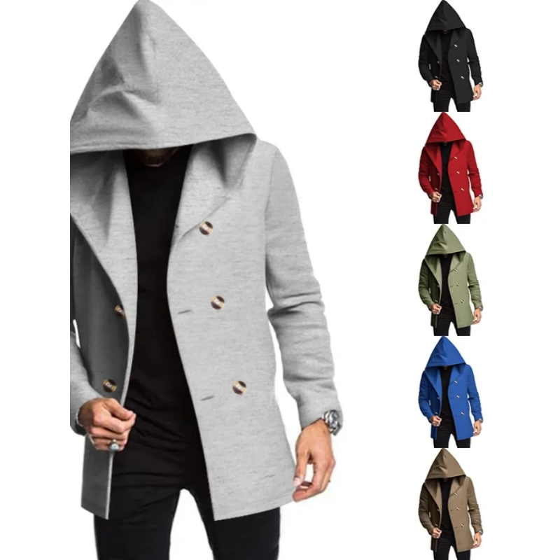 Modern men's coat - Double-buttoned coat with hood