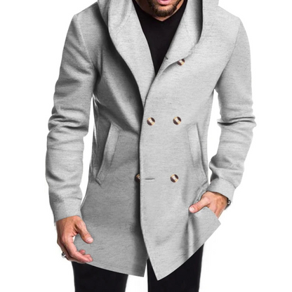 Modern men's coat - Double-buttoned coat with hood