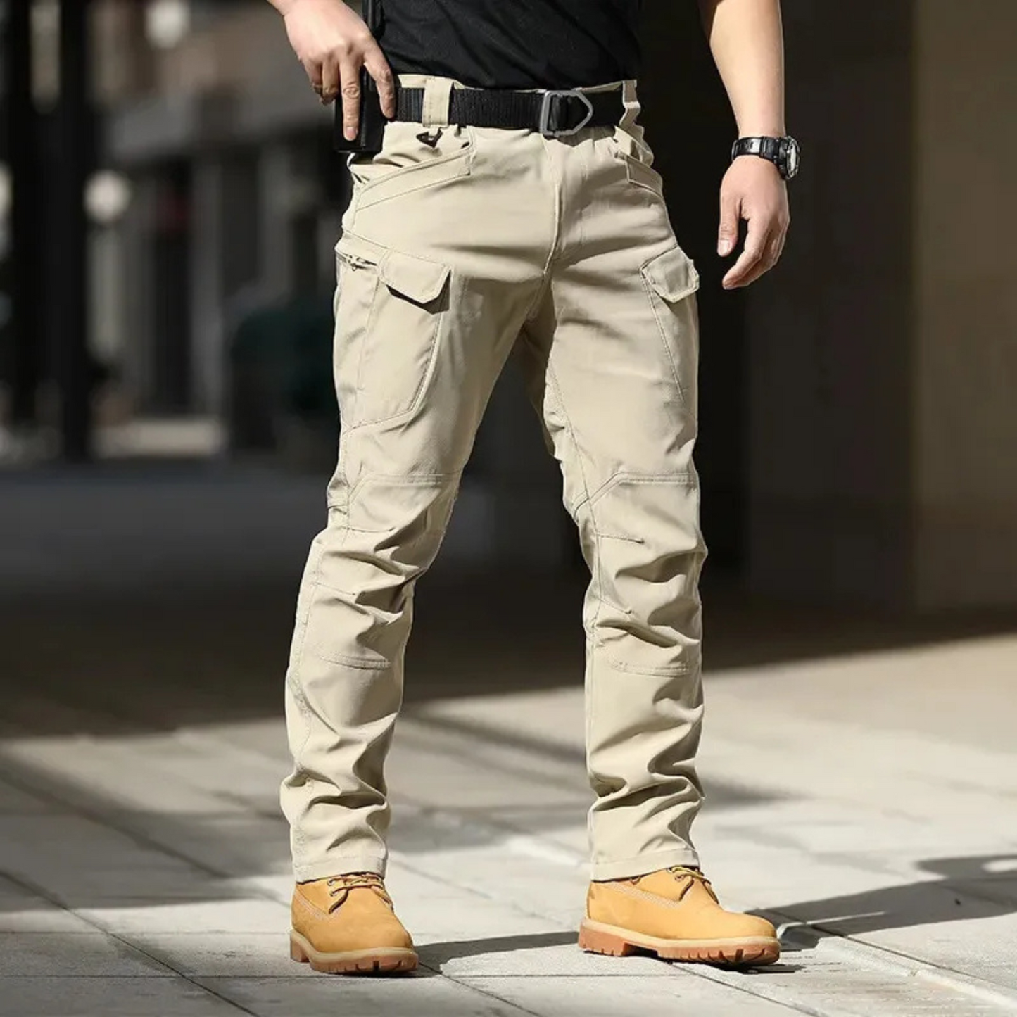 stretch fabric military colour multiple pocket cargo trousers mens