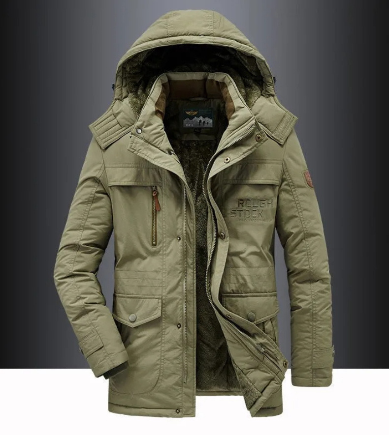 Men's parka winter jacket with fur hood and many pockets