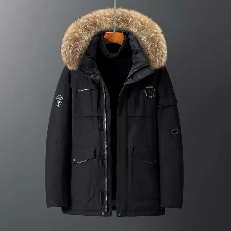 Men's parka winter jacket with thick fur collar and zip