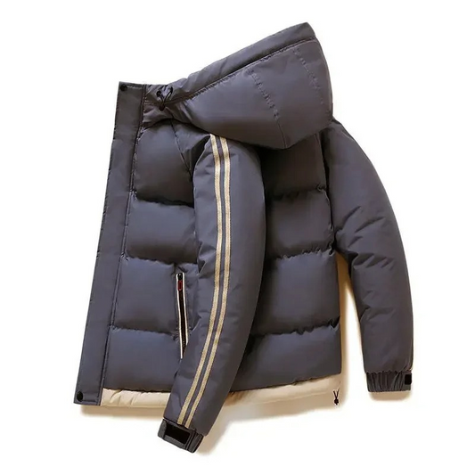 Men's puffer jacket with hood and contrasting stripes