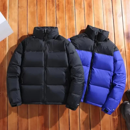 Men's puffer jacket with stand-up collar and front zip