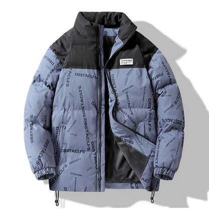 Men's puffer jacket with pattern print and drawstring