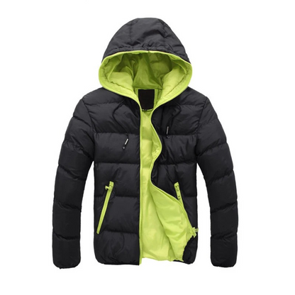 Men's puffer jacket with hood and contrast lining