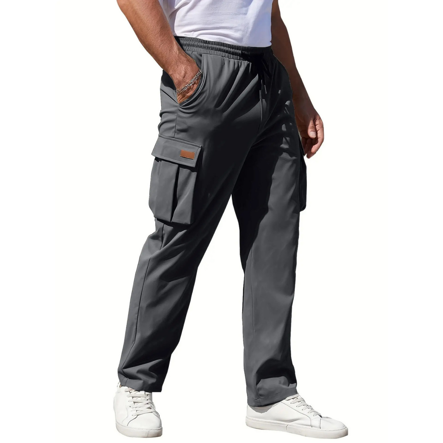 Oversized straight solid grey cargo trousers for men