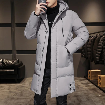 Puffer jacket men long with hood and practical pockets