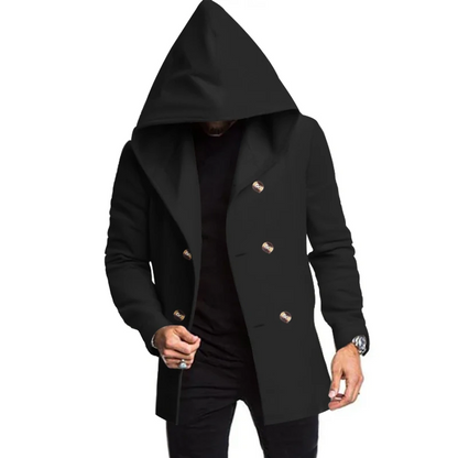 Modern men's coat - Double-buttoned coat with hood