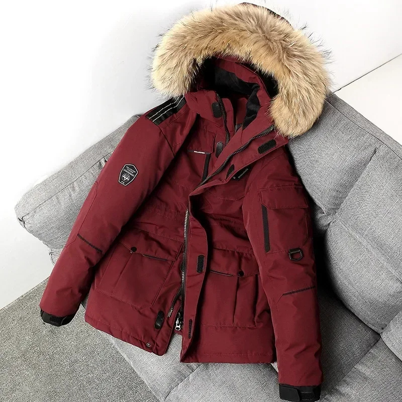 Men's parka winter jacket with fur hood and several pockets