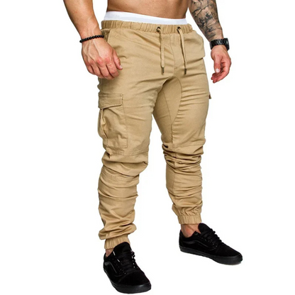 Multi-pocket long cargo trousers with drawstring for men