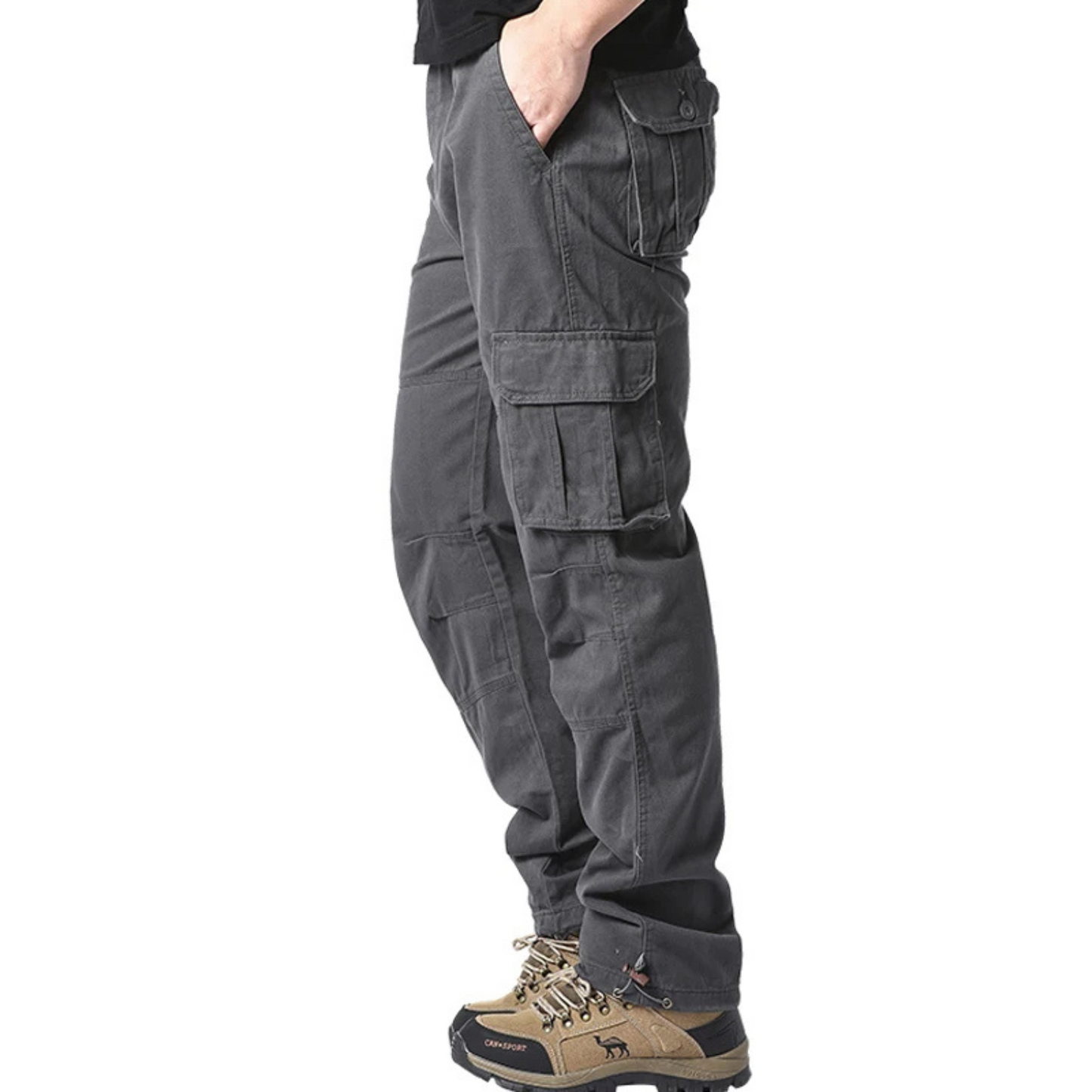 Elasticated waist large pocket cotton cargo trousers mens